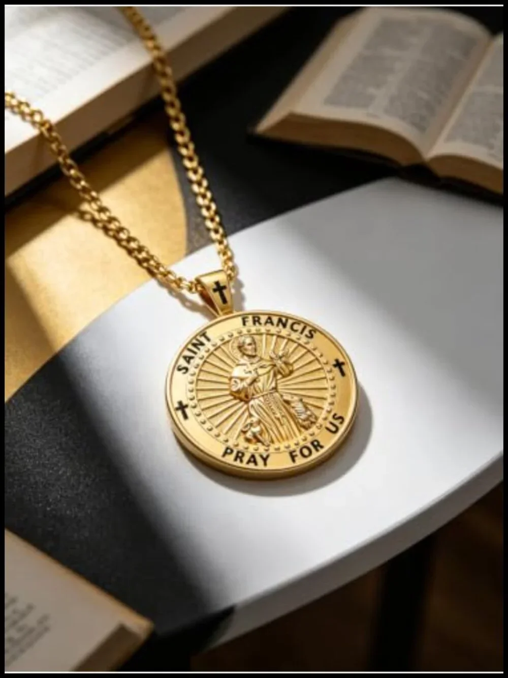 14K Gold Plated St Francis Medal Necklace Catholic Pendant Religious Amulet